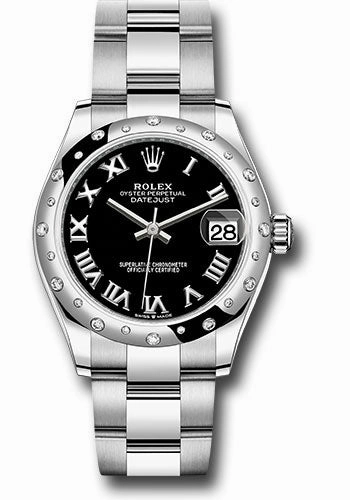 Rolex Steel and White Gold Datejust 31 Watch - Domed 24 Diamond Bezel - Black Roman Dial - Oyster Bracelet 278344RBR bkro 