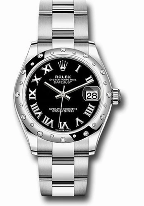 Rolex Steel and White Gold Datejust 31 Watch - Domed 24 Diamond Bezel - Black Roman Dial - Oyster Bracelet 278344RBR bkro 