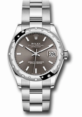 Rolex Steel and White Gold Datejust 31 Watch - Domed 24 Diamond Bezel - Dark Grey Index Dial - Oyster Bracelet 278344RBR dkgio 