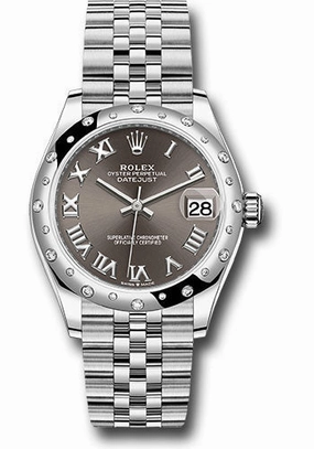 Rolex Steel and White Gold Datejust 31 Watch - Domed 24 Diamond Bezel - Dark Grey Roman Dial - Jubilee Bracelet 278344RBR dkgrj 