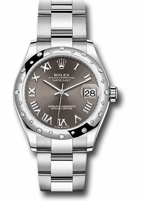 Rolex Steel and White Gold Datejust 31 Watch - Domed 24 Diamond Bezel - Dark Grey Roman Dial - Oyster Bracelet 278344RBR dkgro 