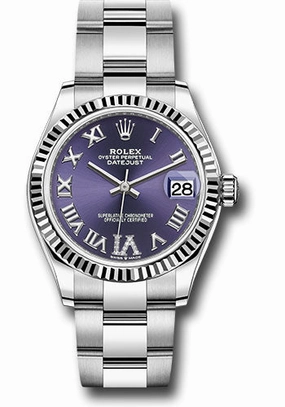 Rolex Steel and White Gold Datejust 31 Watch - Fluted Bezel - Aubergine Roman Diamond 6 Dial - Oyster Bracelet 278274 aubdr6o 