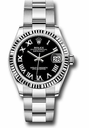 Rolex Steel and White Gold Datejust 31 Watch - Fluted Bezel - Black Roman Dial - Oyster Bracelet 278274 bkro 
