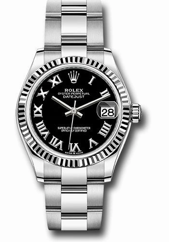 Rolex Steel and White Gold Datejust 31 Watch - Fluted Bezel - Black Roman Dial - Oyster Bracelet 278274 bkro 