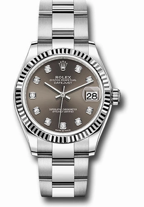 Rolex Steel and White Gold Datejust 31 Watch - Fluted Bezel - Dark Grey Diamond Dial - Oyster Bracelet 278274 dkgdo 