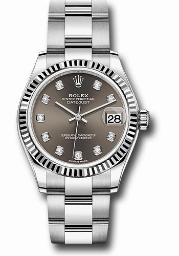 Rolex Steel and White Gold Datejust 31 Watch - Fluted Bezel - Dark Grey Diamond Dial - Oyster Bracelet 278274 dkgdo 