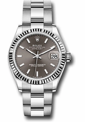 Rolex Steel and White Gold Datejust 31 Watch - Fluted Bezel - Dark Grey Index Dial - Oyster Bracelet 278274 dkgio 