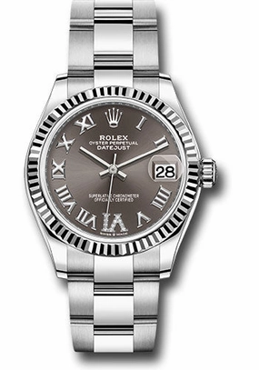 Rolex Steel and White Gold Datejust 31 Watch - Fluted Bezel - Dark Grey Roman Diamond 6 Dial - Oyster Bracelet 278274 dkgdr6o 