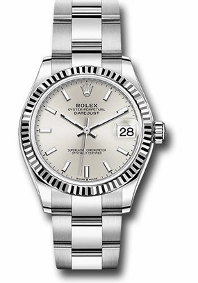 Rolex Steel and White Gold Datejust 31 Watch - Fluted Bezel - Silver Index Dial - Oyster Bracelet 278274 sio 