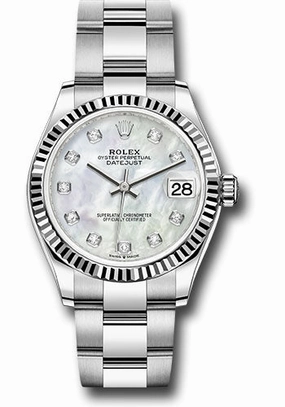 Rolex Steel and White Gold Datejust 31 Watch - Fluted Bezel - White Mother-Of-Pearl Diamond Dial - Oyster Bracelet 278274 mdo 