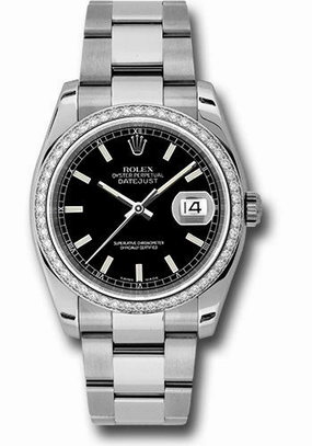 Rolex Steel and White Gold Datejust 36 Watch - 52 Diamond Bezel - Black Index Dial - Oyster Bracelet - 116244 bkio 