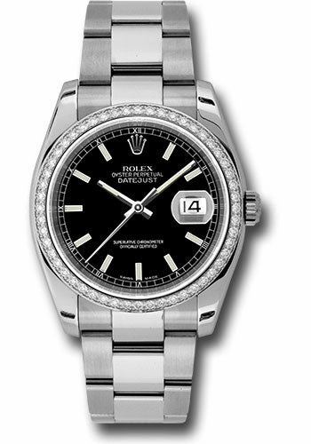 Rolex Steel and White Gold Datejust 36 Watch - 52 Diamond Bezel - Black Index Dial - Oyster Bracelet - 116244 bkio 