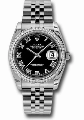 Rolex Steel and White Gold Datejust 36 Watch - 52 Diamond Bezel - Black Roman Dial - Jubilee Bracelet - 116244 bkrj 