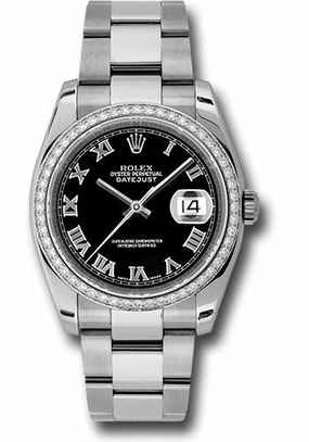 Rolex Steel and White Gold Datejust 36 Watch - 52 Diamond Bezel - Black Roman Dial - Oyster Bracelet - 116244 bkro 