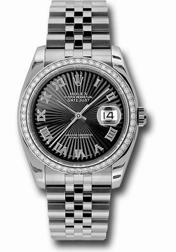 Rolex Steel and White Gold Datejust 36 Watch - 52 Diamond Bezel - Black Sunbeam Roman Dial - Jubilee Bracelet - 116244 bksbrj 