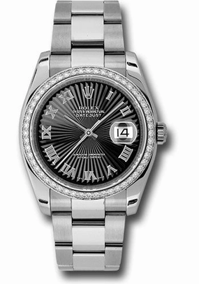 Rolex Steel and White Gold Datejust 36 Watch - 52 Diamond Bezel - Black Sunbeam Roman Dial - Oyster Bracelet - 116244 bksbro 