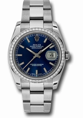 Rolex Steel and White Gold Datejust 36 Watch - 52 Diamond Bezel - Blue Index Dial - Oyster Bracelet - 116244 blio 
