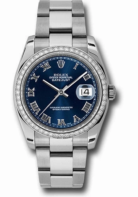 Rolex Steel and White Gold Datejust 36 Watch - 52 Diamond Bezel - Blue Roman Dial - Oyster Bracelet - 116244 blro 