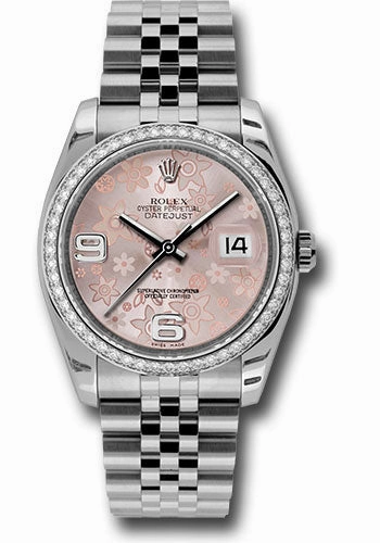 Rolex Steel and White Gold Datejust 36 Watch - 52 Diamond Bezel - Pink Floral Arabic Dial - Jubilee Bracelet - 116244  pfaj 