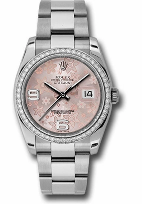 Rolex Steel and White Gold Datejust 36 Watch - 52 Diamond Bezel - Pink Floral Arabic Dial - Oyster Bracelet - 116244  pfao 