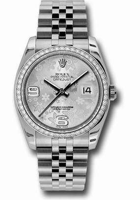 Rolex Steel and White Gold Datejust 36 Watch - 52 Diamond Bezel - Silver Floral Arabic Dial - Jubilee Bracelet - 116244  sfaj 