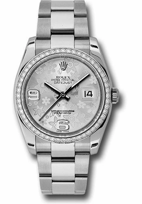 Rolex Steel and White Gold Datejust 36 Watch - 52 Diamond Bezel - Silver Floral Arabic Dial - Oyster Bracelet - 116244  sfao 