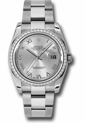 Rolex Steel and White Gold Datejust 36 Watch - 52 Diamond Bezel - Silver Roman Dial - Oyster Bracelet - 116244 sro 