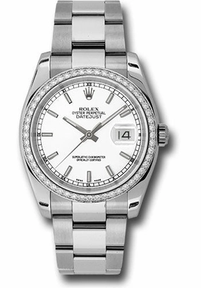 Rolex Steel and White Gold Datejust 36 Watch - 52 Diamond Bezel - White Index Dial - Oyster Bracelet - 116244 wio 