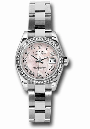 Rolex Steel and White Gold Lady Datejust 26 Watch - 46 Diamond Bezel - Pink Mother-Of-Pearl Roman Dial - Oyster Bracelet - 179384 pmro 