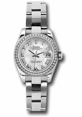 Rolex Steel and White Gold Lady Datejust 26 Watch - 46 Diamond Bezel - White Mother-Of-Pearl Roman Dial - Oyster Bracelet - 179384 mro 