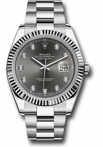 Rolex Steel and White Gold Rolesor Datejust 41 Watch - Fluted Bezel - Dark Rhodium Diamond Dial - Oyster Bracelet - 126334 dkrdo 