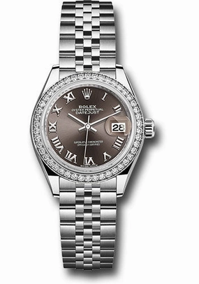Rolex Steel and White Gold Rolesor Lady-Datejust 28 Watch - 44 Diamond Bezel - Dark Grey Roman Dial - Jubilee Bracelet - 279384RBR dgrj 