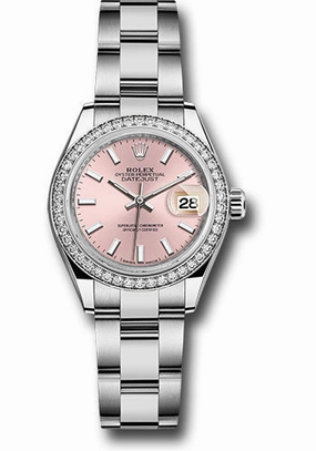 Rolex Steel and White Gold Rolesor Lady-Datejust 28 Watch - 44 Diamond Bezel - Pink Index Dial - Oyster Bracelet - 279384RBR pio 