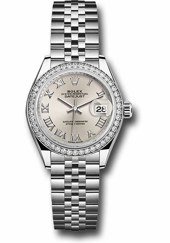 Rolex Steel and White Gold Rolesor Lady-Datejust 28 Watch - 44 Diamond Bezel - Silver Roman Dial - Jubilee Bracelet - 279384RBR srj 