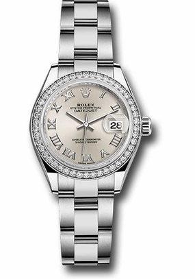 Rolex Steel and White Gold Rolesor Lady-Datejust 28 Watch - 44 Diamond Bezel - Silver Roman Dial - Oyster Bracelet - 279384RBR sro 