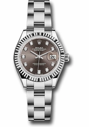 Rolex Steel and White Gold Rolesor Lady-Datejust 28 Watch - Fluted Bezel - Dark Grey Diamond Dial - Oyster Bracelet - 279174 dgdo 