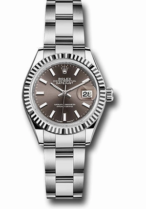 Rolex Steel and White Gold Rolesor Lady-Datejust 28 Watch - Fluted Bezel - Dark Grey Index Dial - Oyster Bracelet - 279174 dgio 