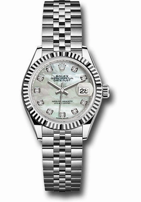 Rolex Steel and White Gold Rolesor Lady-Datejust 28 Watch - Fluted Bezel - White Mother-Of-Pearl Diamond Dial - Jubilee Bracelet - 279174 mdj 