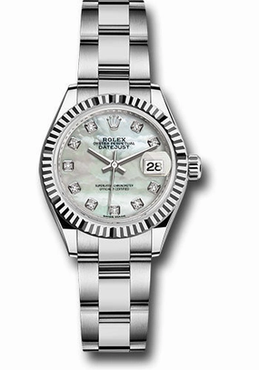 Rolex Steel and White Gold Rolesor Lady-Datejust 28 Watch - Fluted Bezel - White Mother-Of-Pearl Diamond Dial - Oyster Bracelet - 279174 mdo 