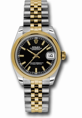 Rolex Steel and Yellow Gold Datejust 31 Watch - Domed Bezel - Black Index Dial - Jubilee Bracelet 178243 bkij 