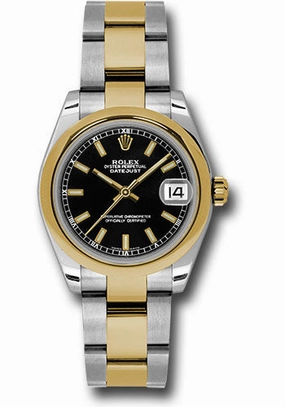 Rolex Steel and Yellow Gold Datejust 31 Watch - Domed Bezel - Black Index Dial - Oyster Bracelet 178243 bkio 
