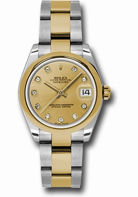 Rolex Steel and Yellow Gold Datejust 31 Watch - Domed Bezel - Champagne Diamond Dial - Oyster Bracelet 178243 chdo 