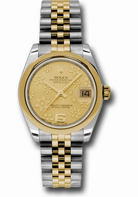 Rolex Steel and Yellow Gold Datejust 31 Watch - Domed Bezel - Champagne Floral Motif Dial - Jubilee Bracelet 178243 chfj 