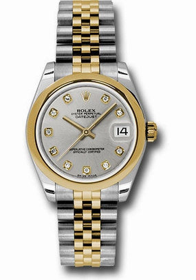 Rolex Steel and Yellow Gold Datejust 31 Watch - Domed Bezel - Silver Diamond Dial - Jubilee Bracelet 178243 sdj 