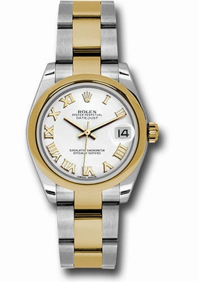 Rolex Steel and Yellow Gold Datejust 31 Watch - Domed Bezel - White Roman Dial - Oyster Bracelet 178243 wro 