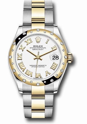 Rolex Steel and Yellow Gold Datejust 31 Watch - Domed Diamond Bezel - White Roman Dial - Oyster Bracelet 278343 wro 