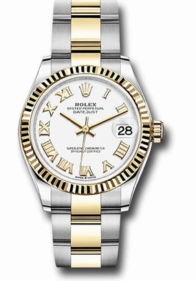 Rolex Steel and Yellow Gold Datejust 31 Watch - Fluted Bezel - White Roman Dial - Oyster Bracelet 278273 wro 