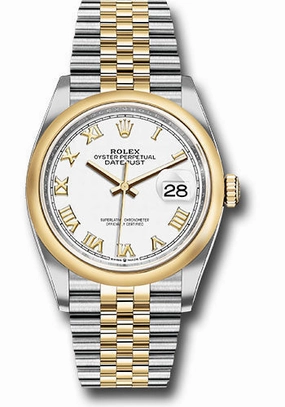Rolex Steel and Yellow Gold Rolesor Datejust 36 Watch - Domed Bezel - White Roman Dial - Jubilee Bracelet - 126203 wrj 