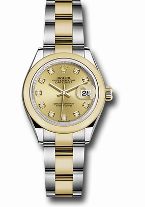 Rolex Steel and Yellow Gold Rolesor Lady-Datejust 28 Watch - Domed Bezel - Champagne Diamond Dial - Oyster Bracelet - 279163 chdo 