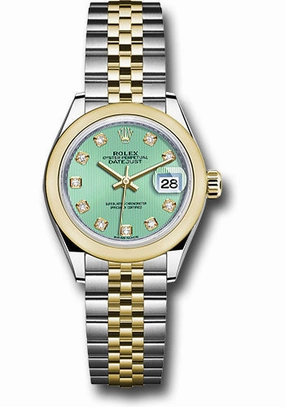 Rolex Steel and Yellow Gold Rolesor Lady-Datejust 28 Watch - Domed Bezel - Mint Green Diamond Dial - Jubilee Bracelet - 279163 mgdj 